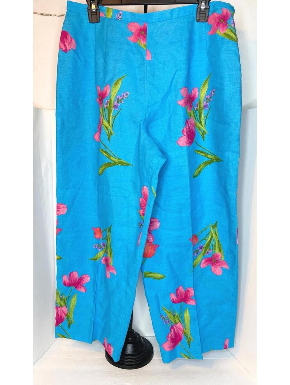 Talbots Petites Pants Womens 14 Blue Linen Floral Lined Cropped Side Zip NWT